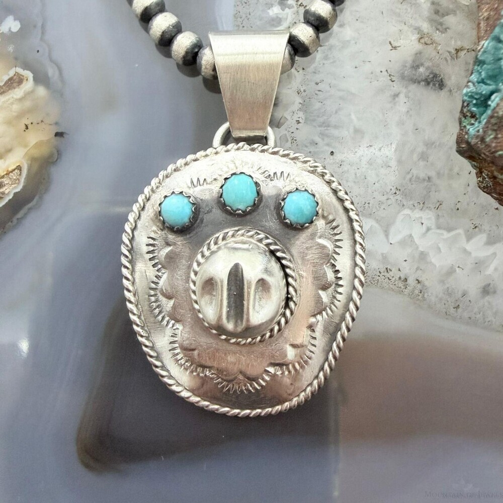 Running Bear Native American Sterling Silver Turquoise Cowboy Hat Unisex Pendant